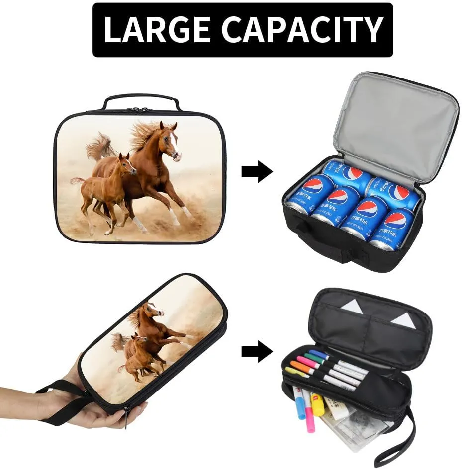 Horse School Backpack Set with Matching Lunch Bag Pencil Case Stylish Outdoor Back Pack Cool Ruckack Cooler Bag for Teens