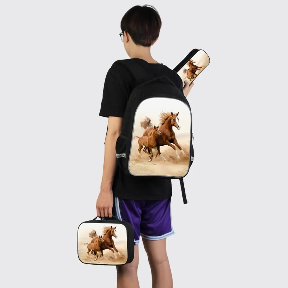 Horse School Backpack Set with Matching Lunch Bag Pencil Case Stylish Outdoor Back Pack Cool Ruckack Cooler Bag for Teens
