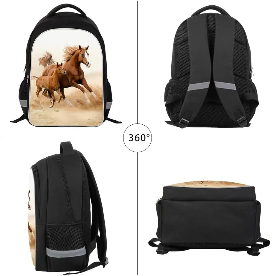 Horse School Backpack Set with Matching Lunch Bag Pencil Case Stylish Outdoor Back Pack Cool Ruckack Cooler Bag for Teens