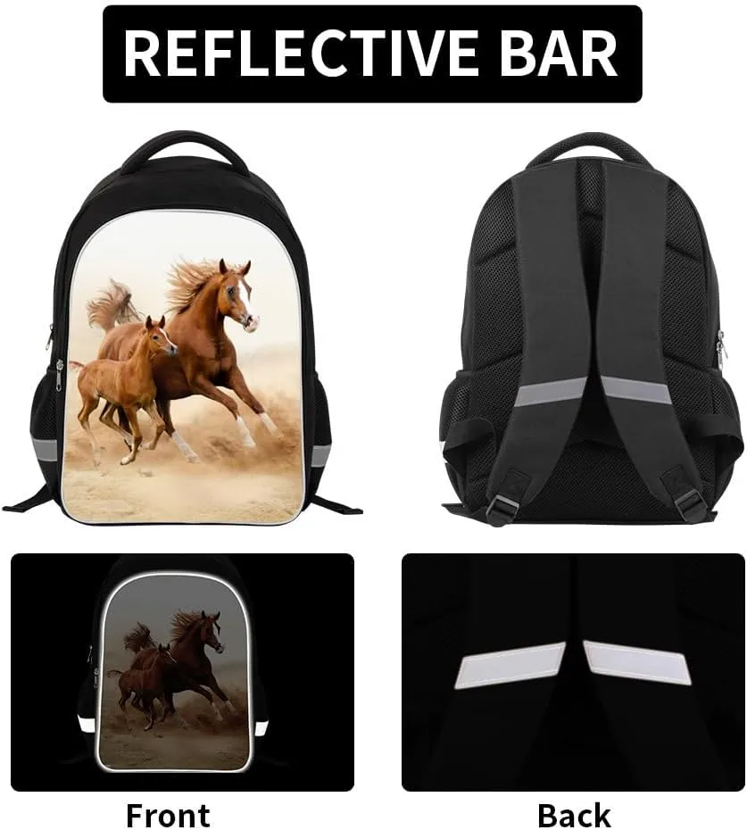 Horse School Backpack Set with Matching Lunch Bag Pencil Case Stylish Outdoor Back Pack Cool Ruckack Cooler Bag for Teens