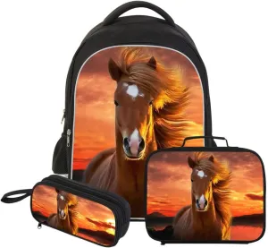 Horse School Backpack Set with Matching Lunch Bag Pencil Case Stylish Outdoor Back Pack Cool Ruckack Cooler Bag for Teens