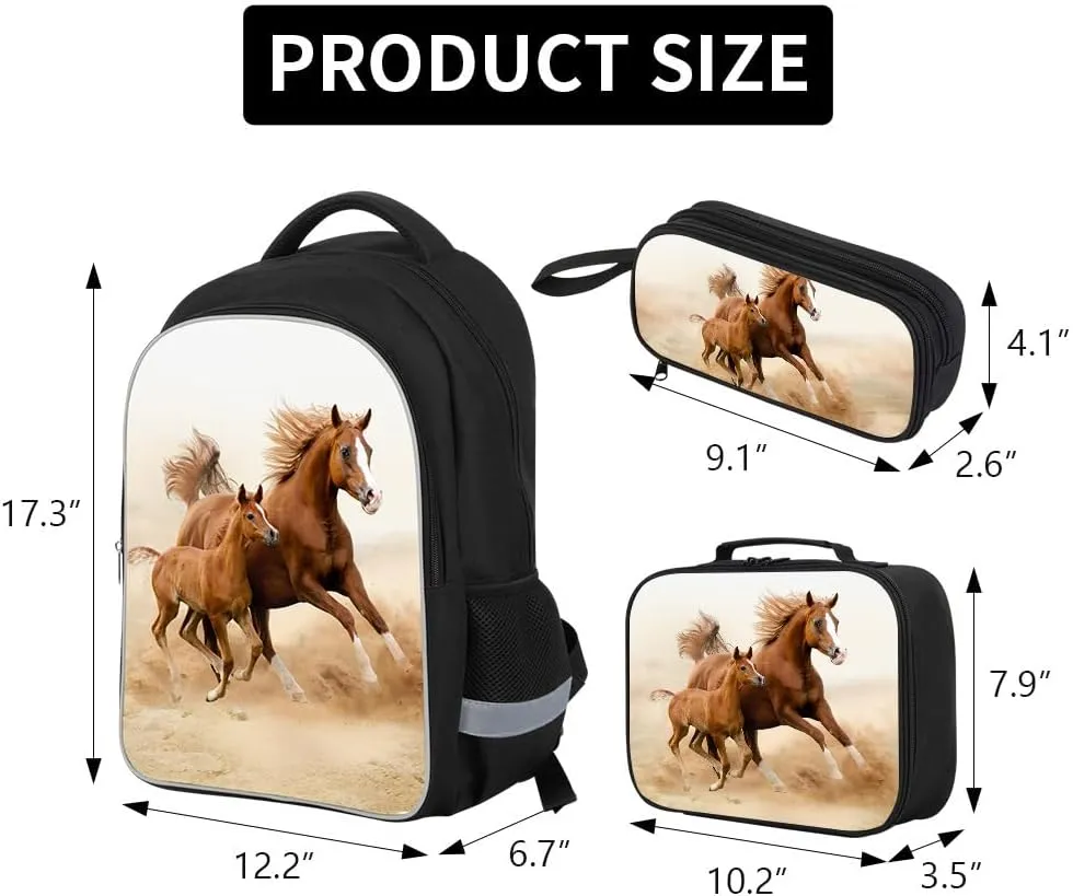 Horse School Backpack Set with Matching Lunch Bag Pencil Case Stylish Outdoor Back Pack Cool Ruckack Cooler Bag for Teens