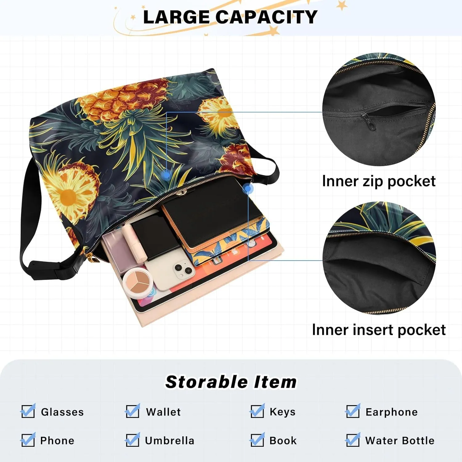 Hot Pineapple Tropical Casual Crossbody Bag, Hobo Handbags for Women, Shoulder Bag