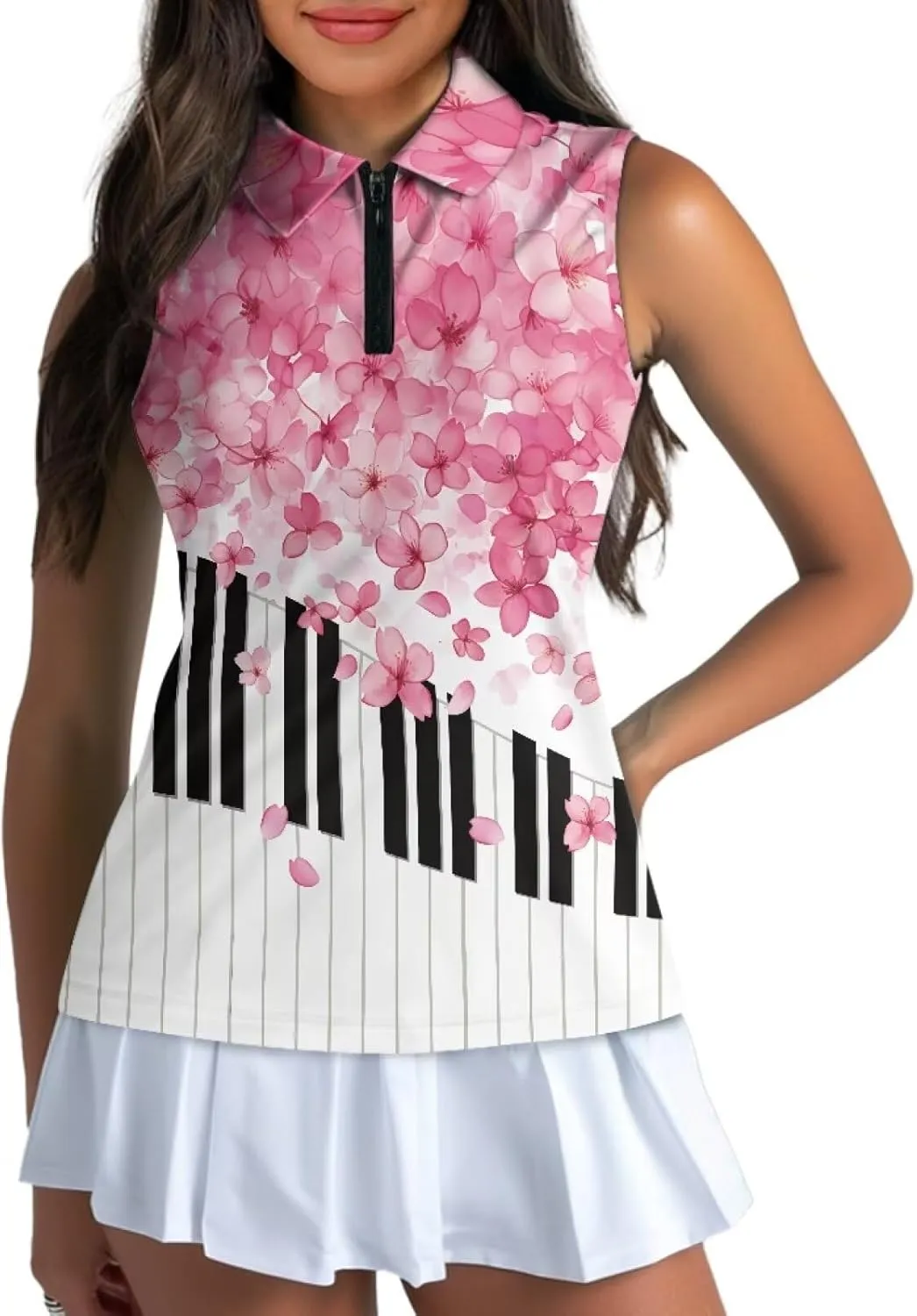 Irisjudy Golf Ball Print Sleeveless Golf Polo Shirt Women Gothic Rose Half Zip Athletic Shirts Tropical Plant Golf Polo Tops