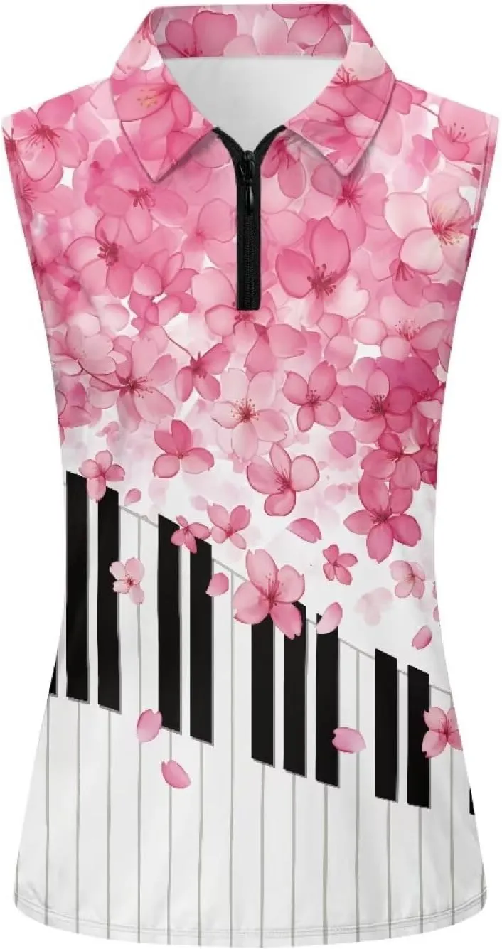 Irisjudy Golf Ball Print Sleeveless Golf Polo Shirt Women Gothic Rose Half Zip Athletic Shirts Tropical Plant Golf Polo Tops
