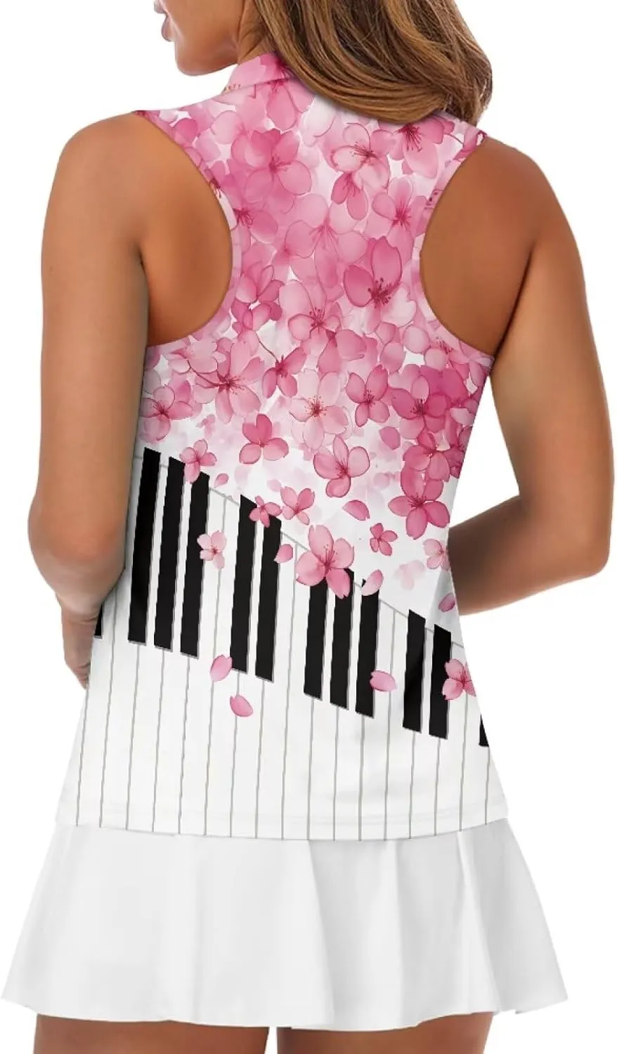 Irisjudy Golf Ball Print Sleeveless Golf Polo Shirt Women Gothic Rose Half Zip Athletic Shirts Tropical Plant Golf Polo Tops