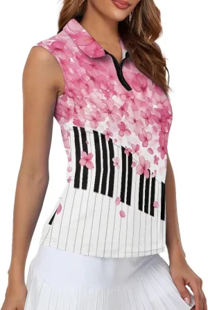 Irisjudy Golf Ball Print Sleeveless Golf Polo Shirt Women Gothic Rose Half Zip Athletic Shirts Tropical Plant Golf Polo Tops