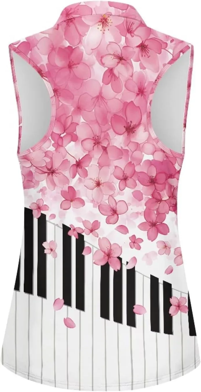 Irisjudy Golf Ball Print Sleeveless Golf Polo Shirt Women Gothic Rose Half Zip Athletic Shirts Tropical Plant Golf Polo Tops