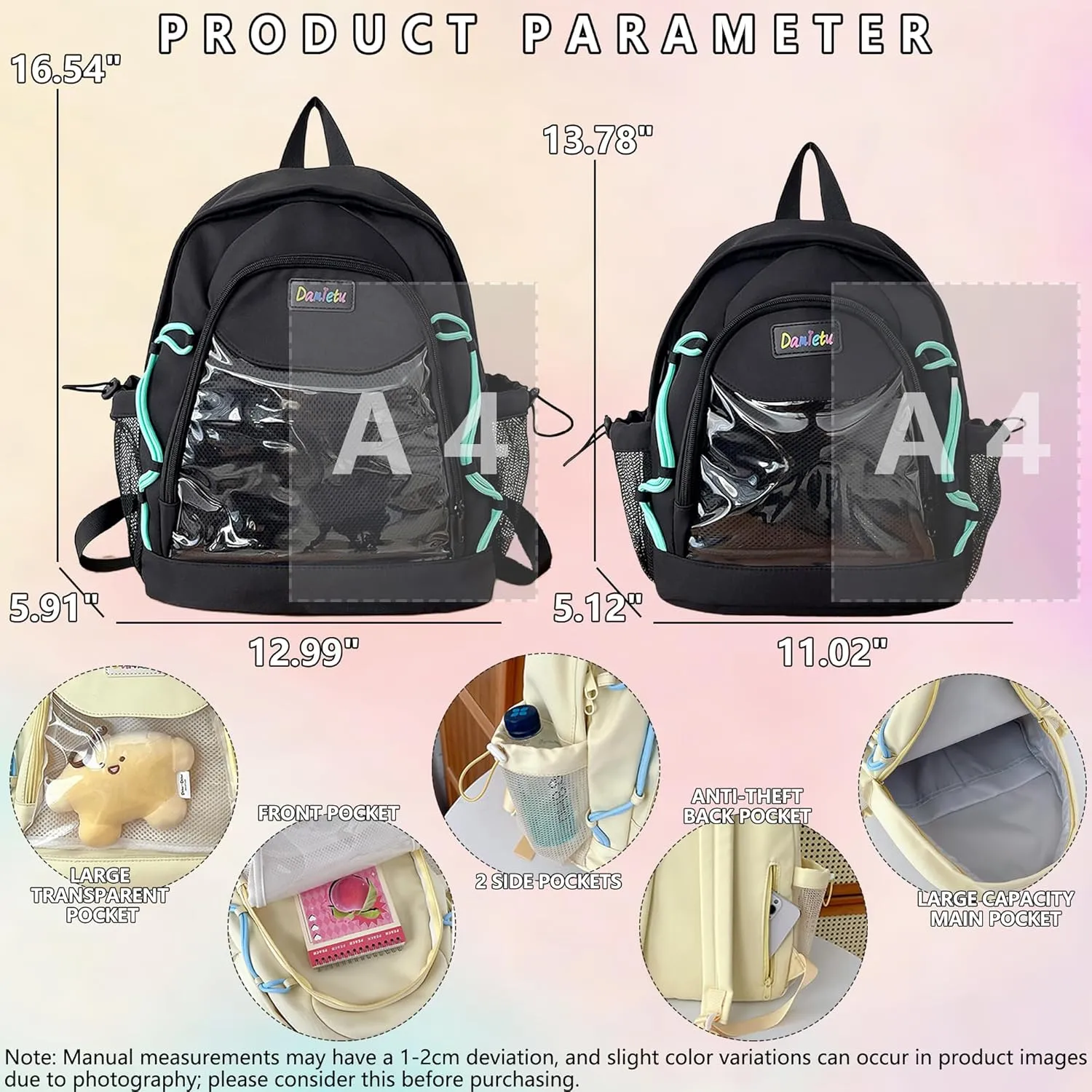 Ita Backpack Large Capacity Kawaii Japanese-Inspired Nylon Daypack Stylish Dual-Strap Backpack Perfect for Travel & Daily Use (Black, Large)