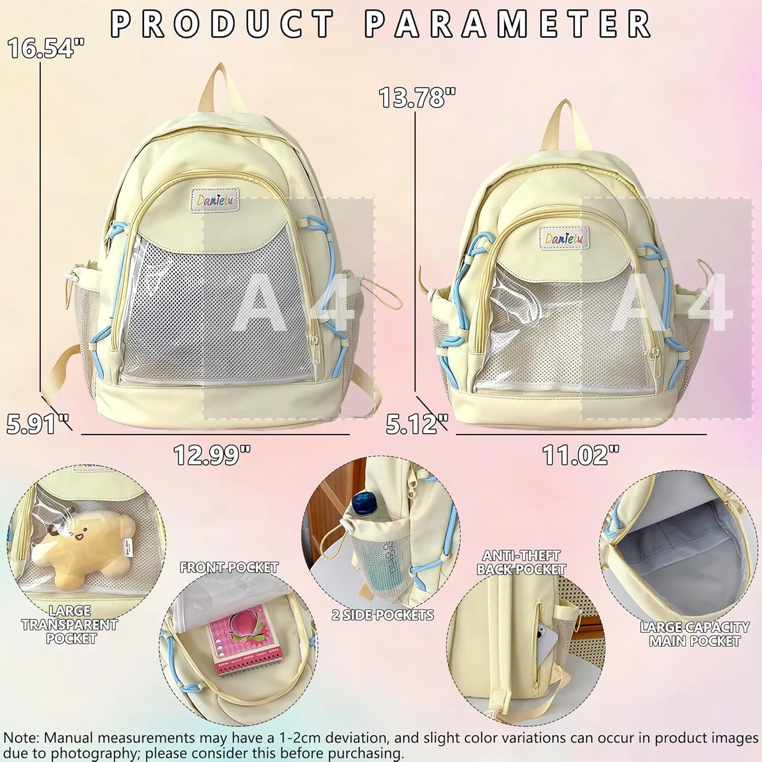 Ita Backpack Large Capacity Kawaii Japanese-Inspired Nylon Daypack Stylish Dual-Strap Backpack Perfect for Travel & Daily Use (Yellow, Large)