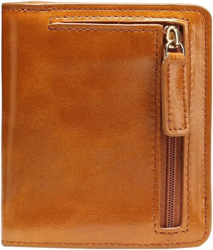 Itslife Women's Rfid Blocking Small Compact Bifold Leather Pocket Wallet Ladies Mini Purse with id Window (Waxed Brown)