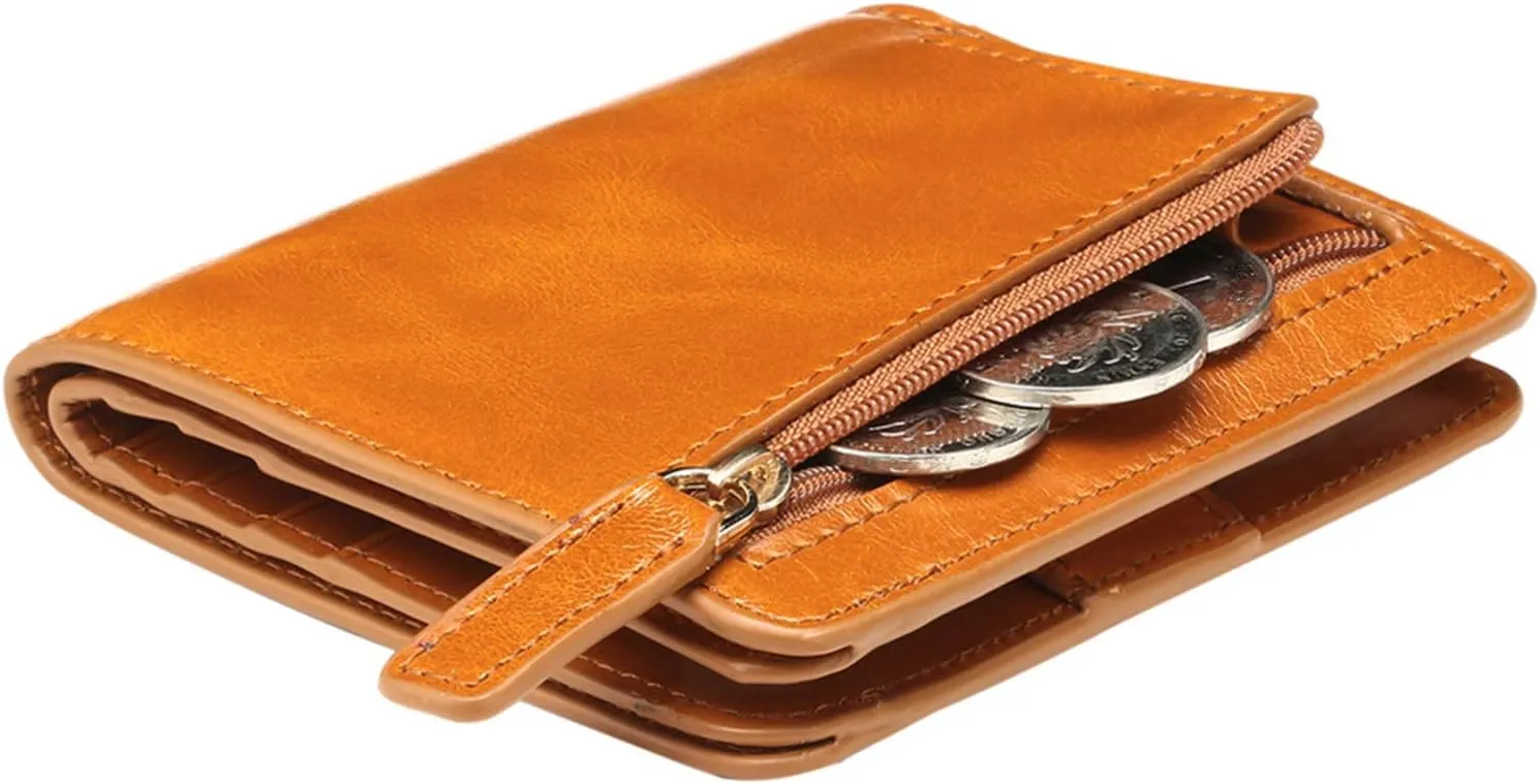 Itslife Women's Rfid Blocking Small Compact Bifold Leather Pocket Wallet Ladies Mini Purse with id Window (Waxed Brown)