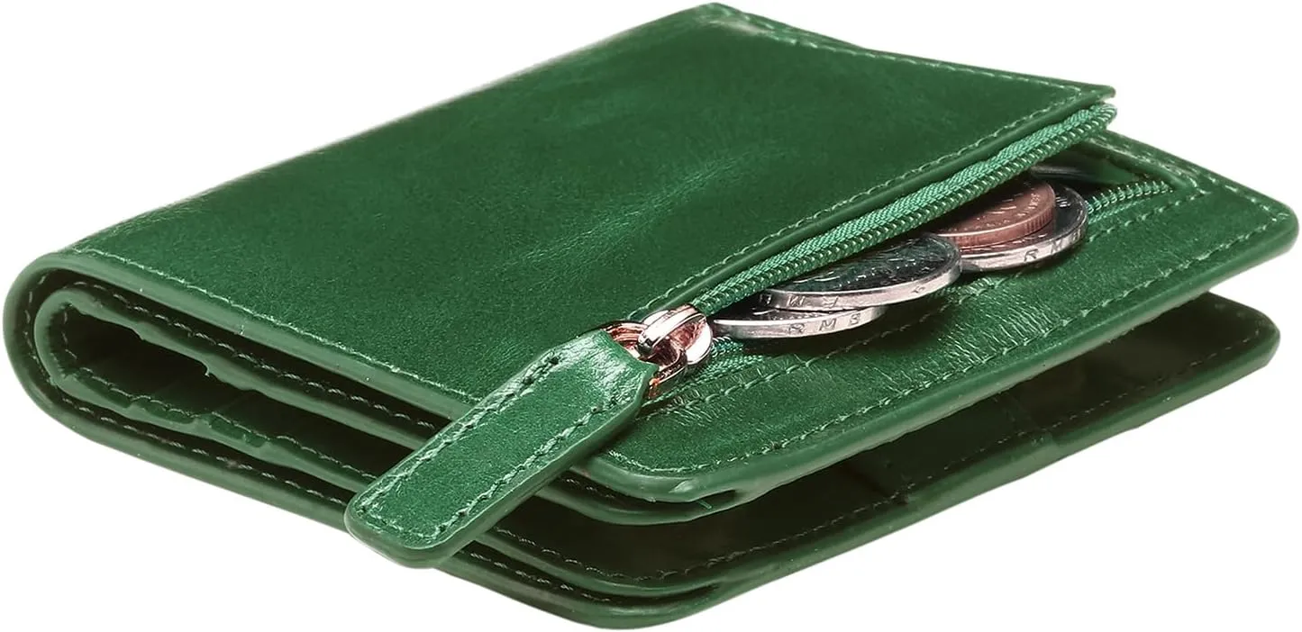 Itslife Women's Rfid Blocking Small Compact Bifold Leather Pocket Wallet Ladies Mini Purse with id Window (Waxed Dark Green)