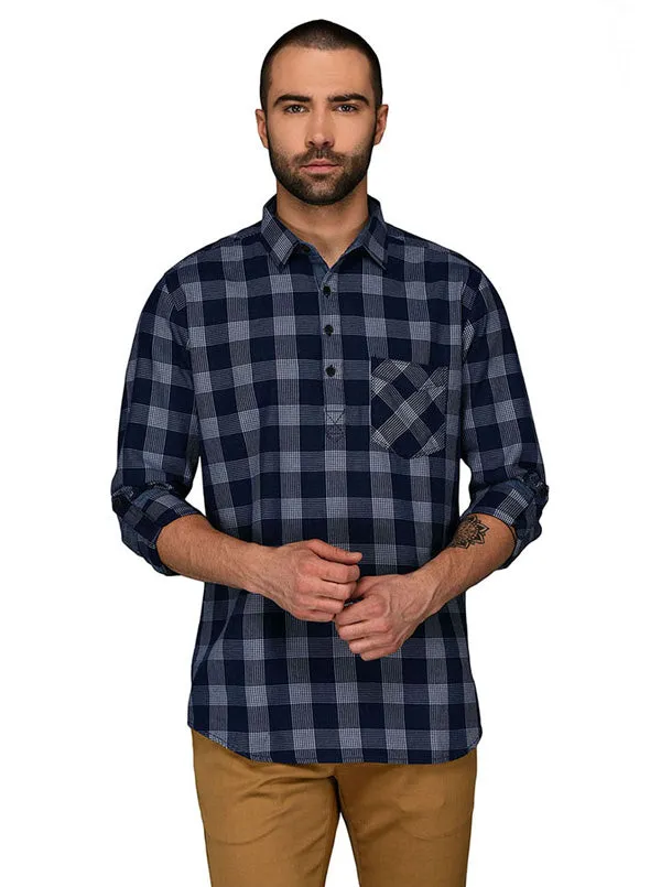 JadeBlue Indigo Blue Checked Slim Fit Casual Shirt | JadeBlue