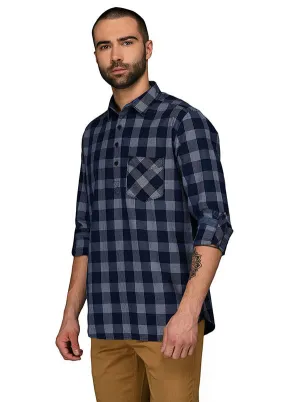 JadeBlue Indigo Blue Checked Slim Fit Casual Shirt | JadeBlue