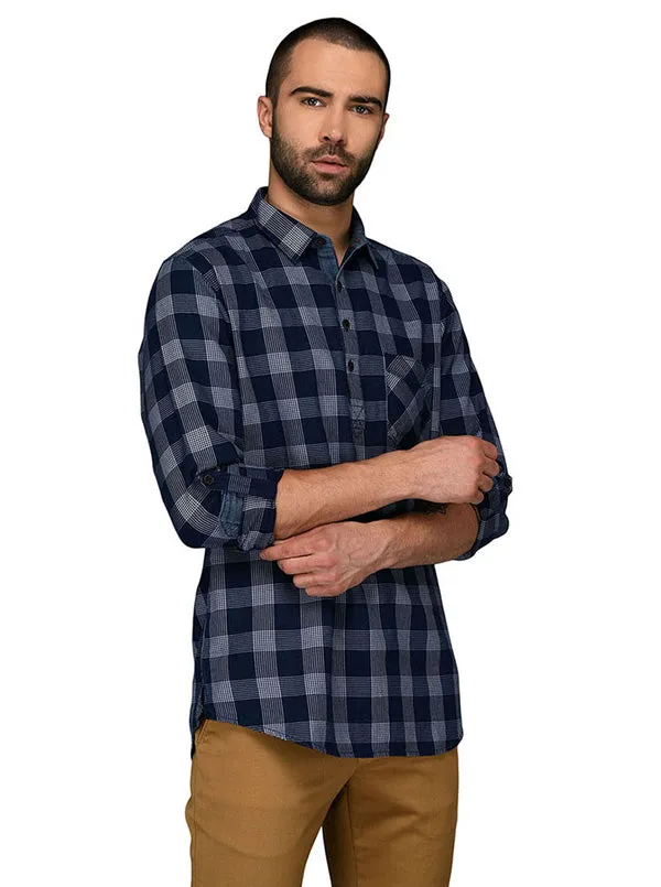 JadeBlue Indigo Blue Checked Slim Fit Casual Shirt | JadeBlue
