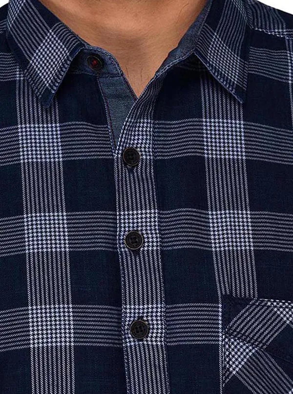 JadeBlue Indigo Blue Checked Slim Fit Casual Shirt | JadeBlue