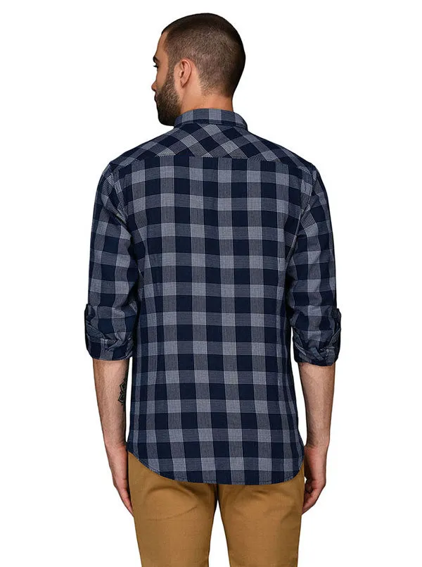 JadeBlue Indigo Blue Checked Slim Fit Casual Shirt | JadeBlue