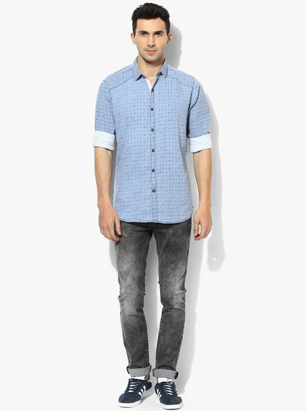 JadeBlue Sky Blue Checked Slim Fit Casual Shirt | JadeBlue