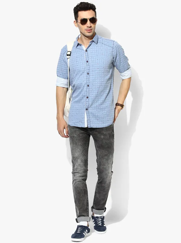 JadeBlue Sky Blue Checked Slim Fit Casual Shirt | JadeBlue