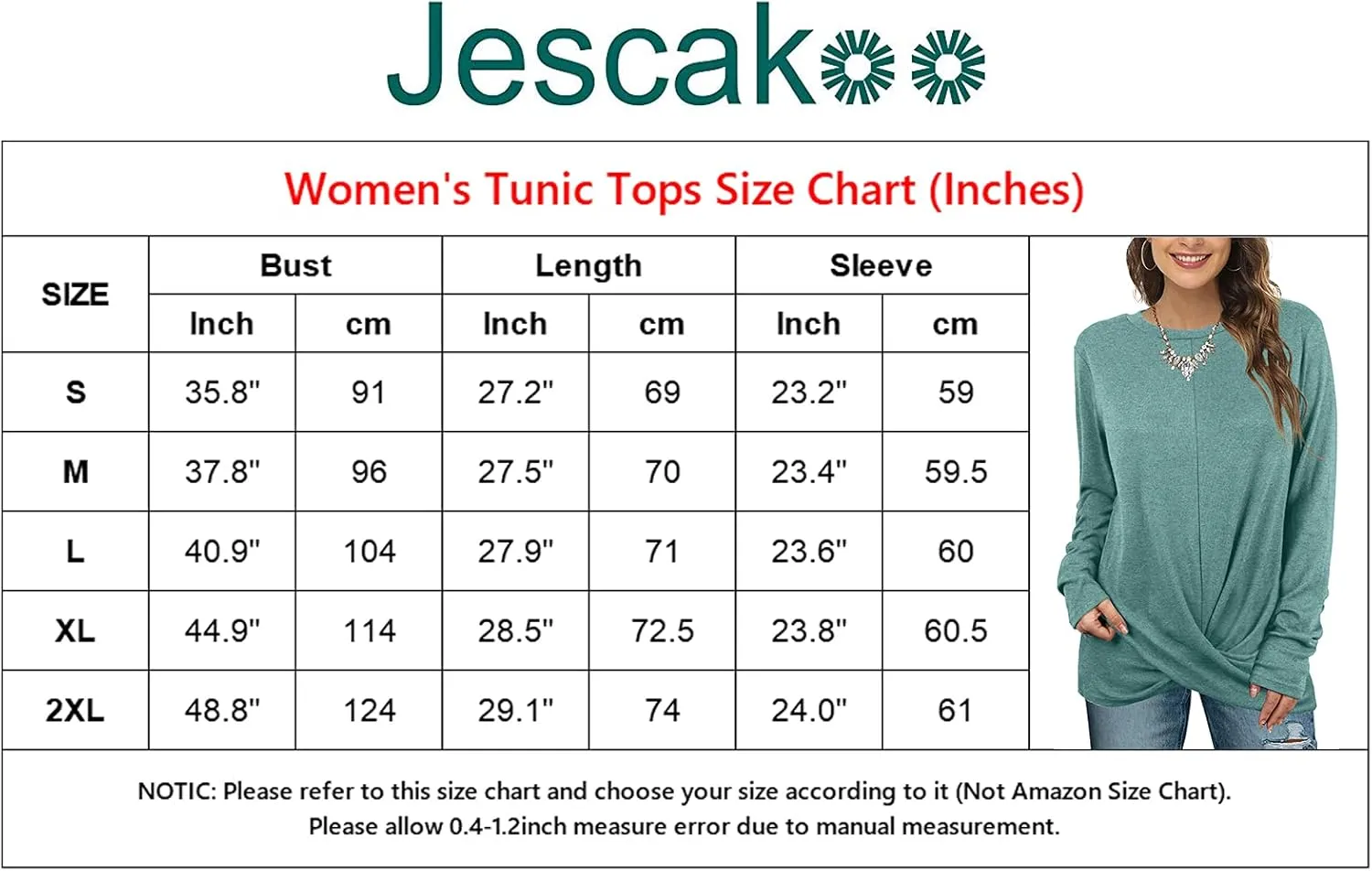 Jescakoo Tunic Tops For Leggings For Women Twist Front Long Sleeve Crew Neck Shirts
