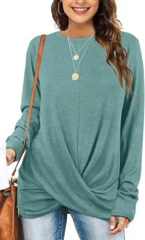 Jescakoo Tunic Tops For Leggings For Women Twist Front Long Sleeve Crew Neck Shirts