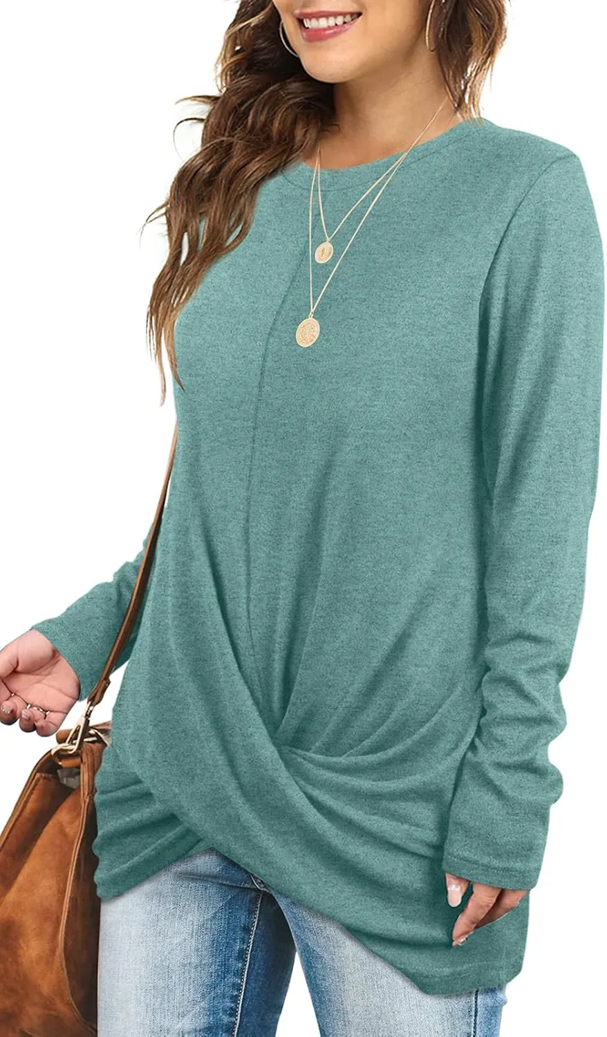 Jescakoo Tunic Tops For Leggings For Women Twist Front Long Sleeve Crew Neck Shirts
