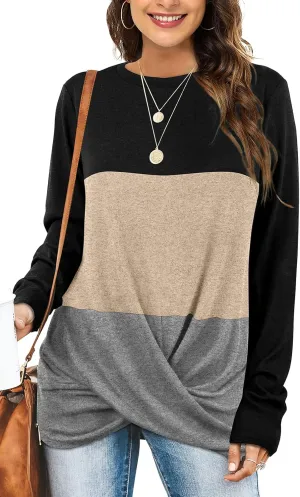 Jescakoo Tunic Tops For Leggings For Women Twist Front Long Sleeve Crew Neck Shirts