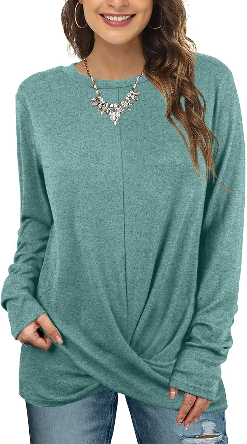 Jescakoo Tunic Tops For Leggings For Women Twist Front Long Sleeve Crew Neck Shirts