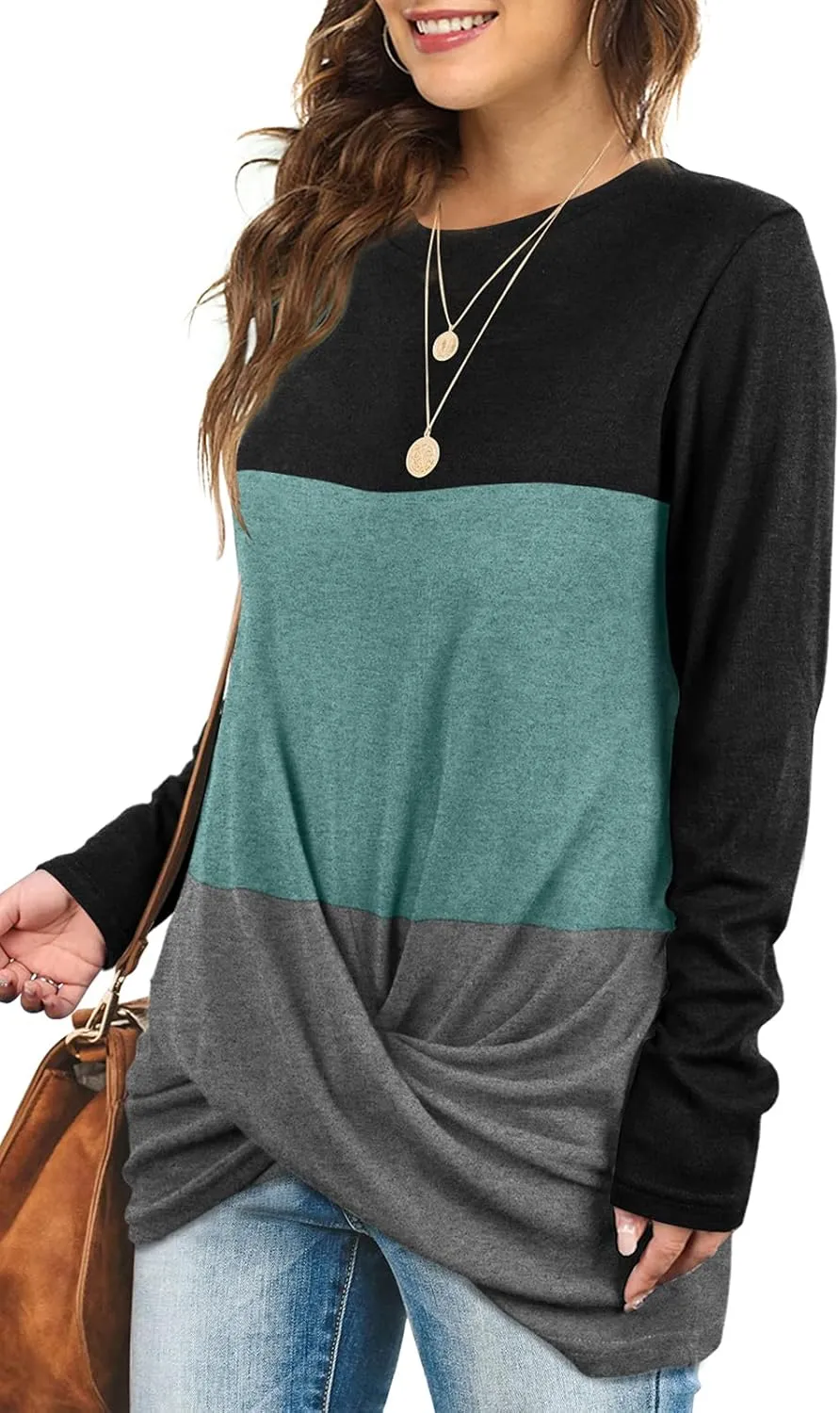 Jescakoo Tunic Tops For Leggings For Women Twist Front Long Sleeve Crew Neck Shirts