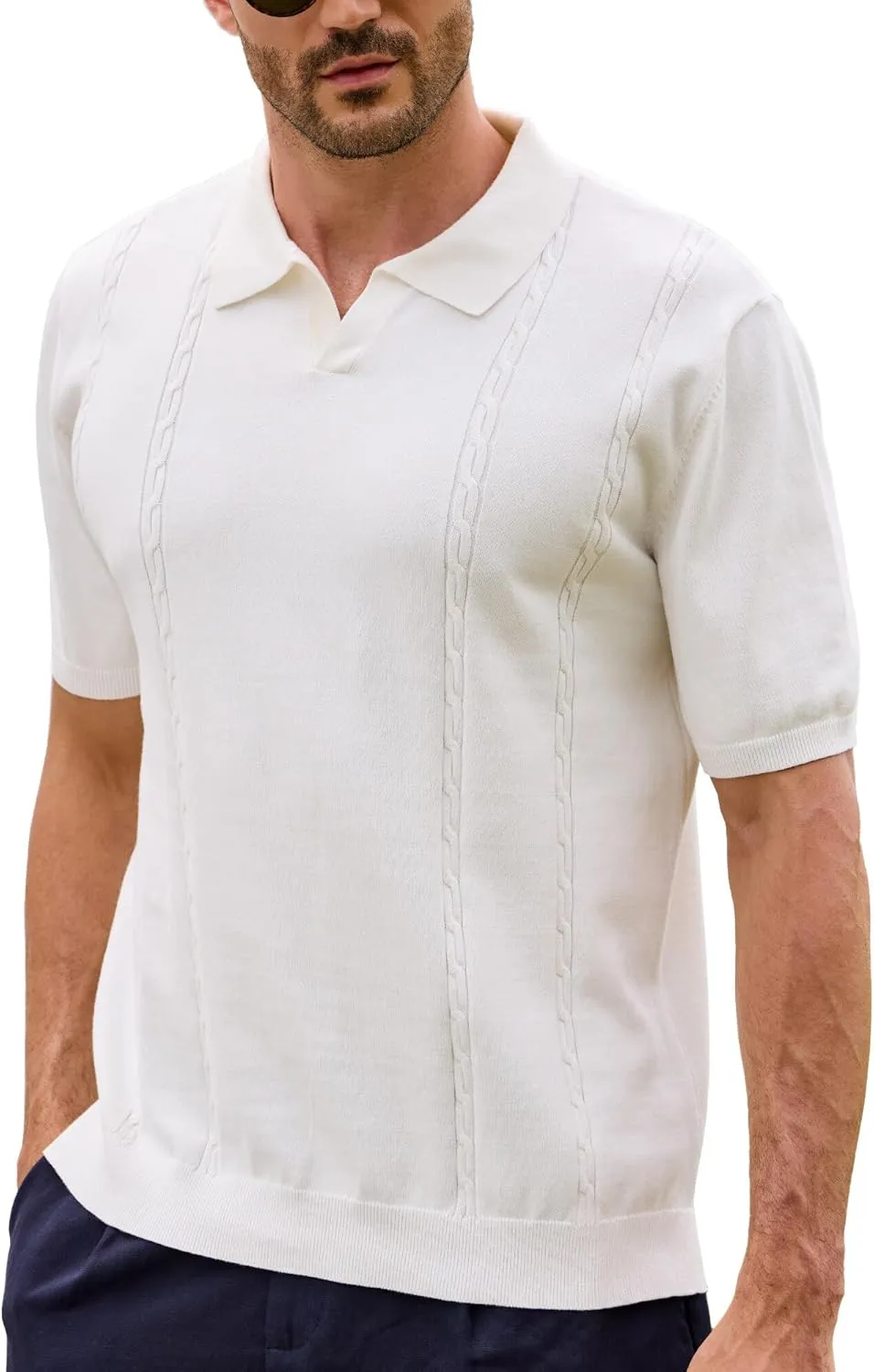 Kallspin Men's Cotton Knit Polo Shirt Short Sleeve Textured Ribbed Collar Stylish Summer Beach Casual Polo