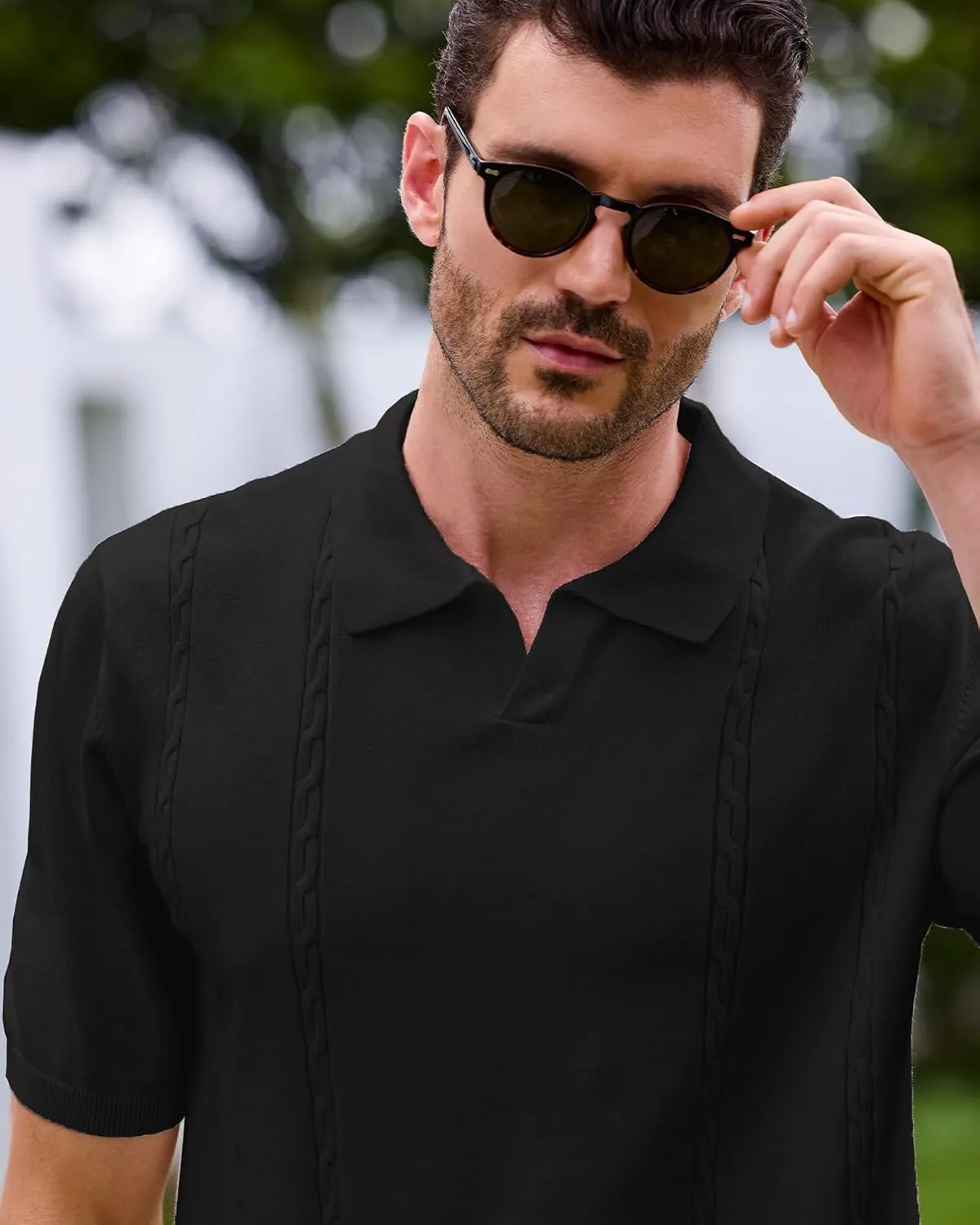 Kallspin Men's Cotton Knit Polo Shirt Short Sleeve Textured Ribbed Collar Stylish Summer Beach Casual Polo
