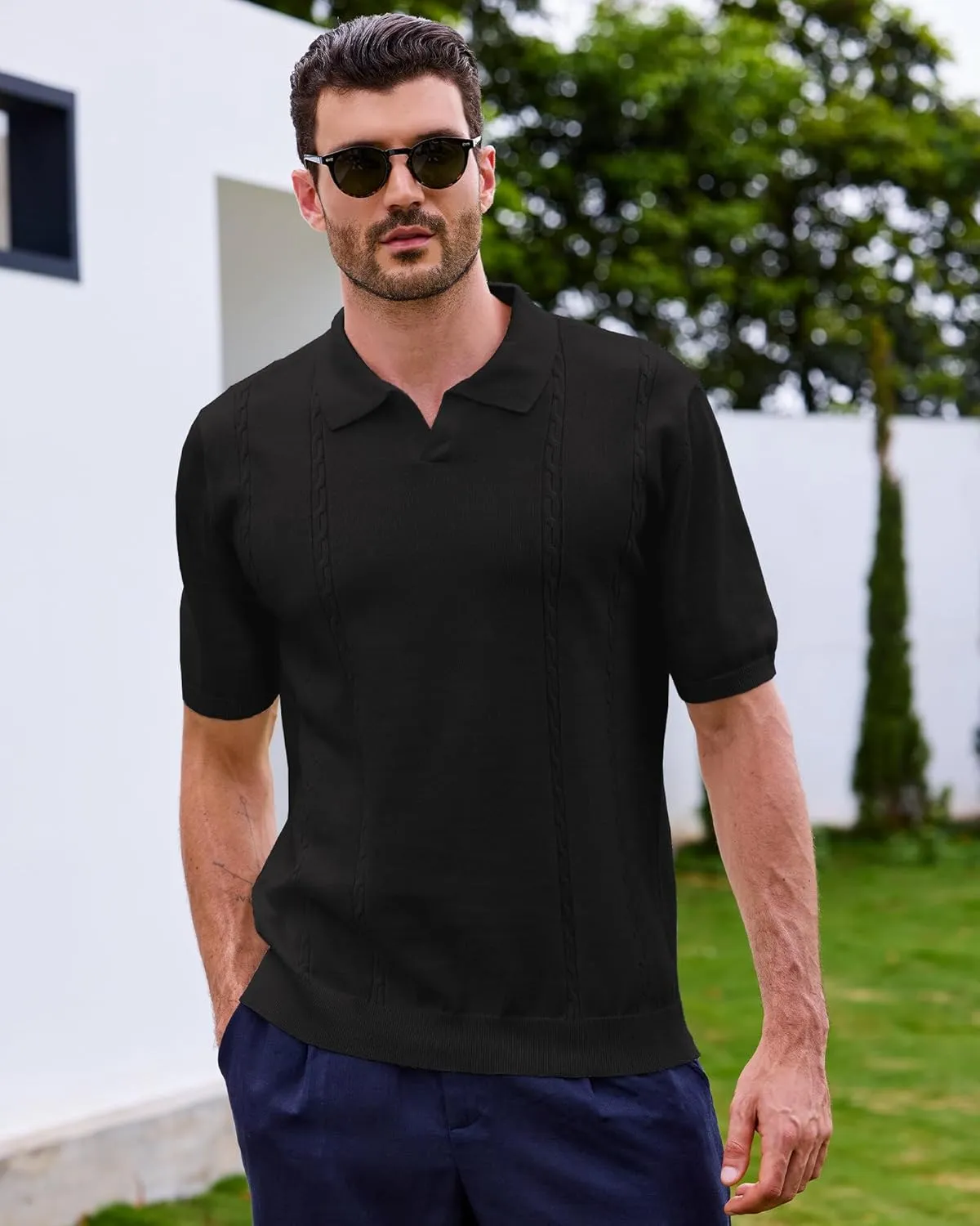 Kallspin Men's Cotton Knit Polo Shirt Short Sleeve Textured Ribbed Collar Stylish Summer Beach Casual Polo