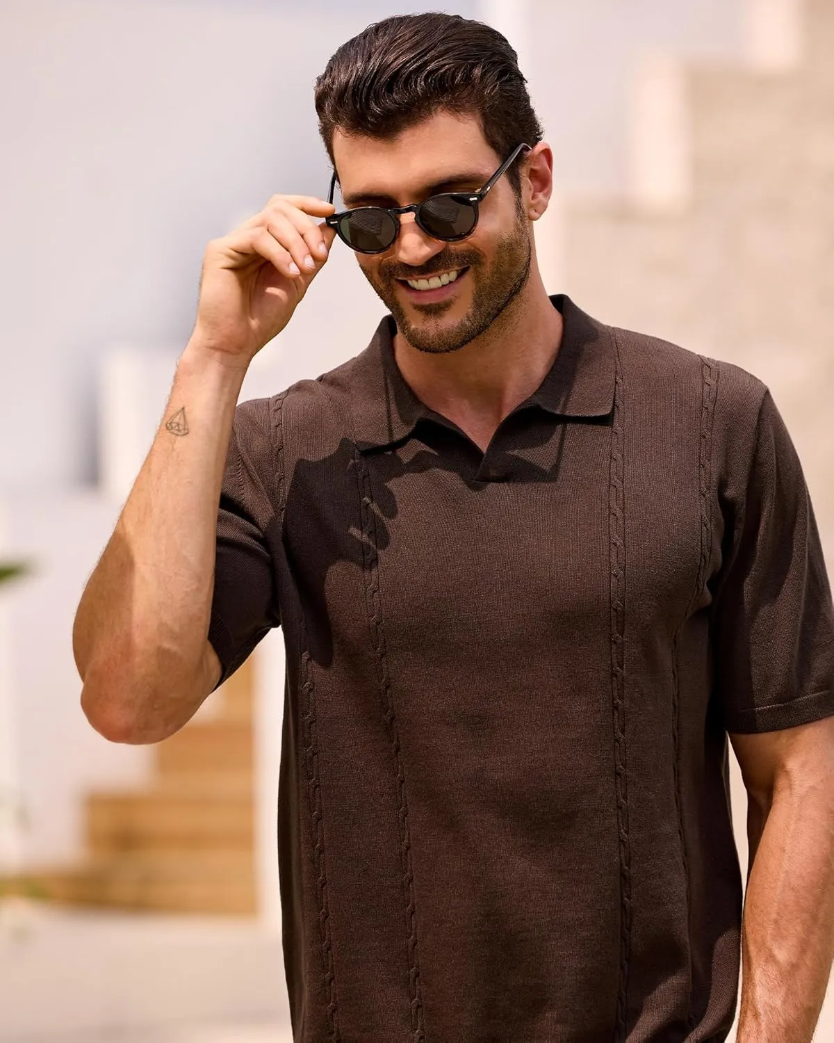 Kallspin Men's Cotton Knit Polo Shirt Short Sleeve Textured Ribbed Collar Stylish Summer Beach Casual Polo
