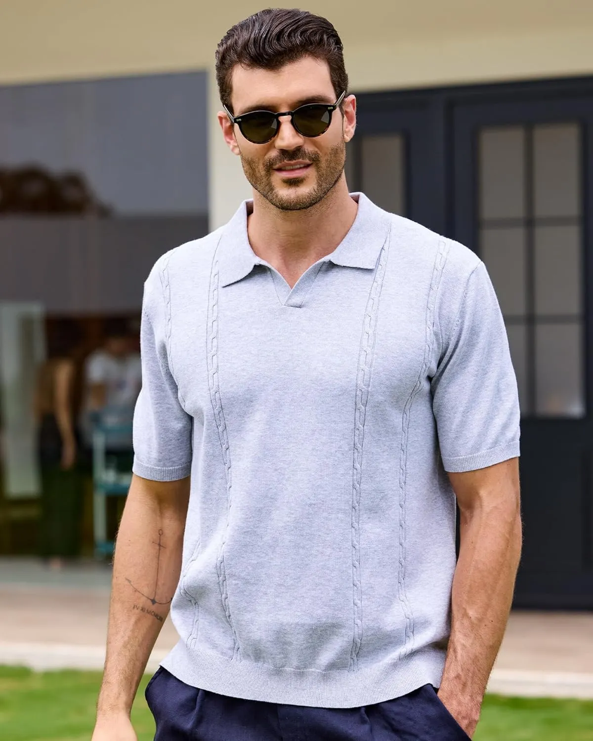 Kallspin Men's Cotton Knit Polo Shirt Short Sleeve Textured Ribbed Collar Stylish Summer Beach Casual Polo