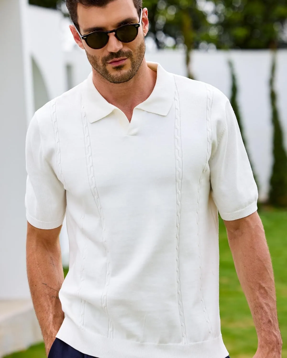 Kallspin Men's Cotton Knit Polo Shirt Short Sleeve Textured Ribbed Collar Stylish Summer Beach Casual Polo