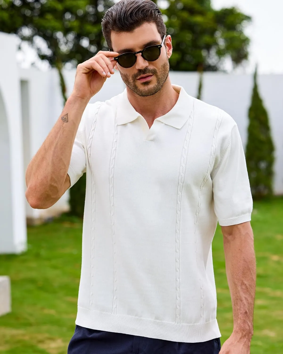 Kallspin Men's Cotton Knit Polo Shirt Short Sleeve Textured Ribbed Collar Stylish Summer Beach Casual Polo