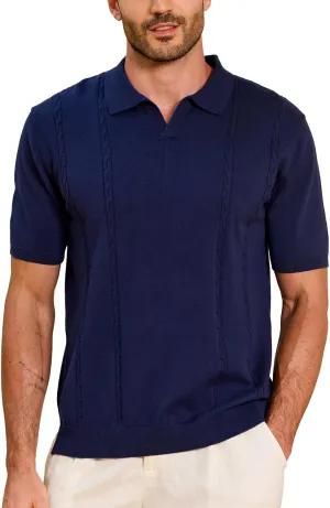 Kallspin Men's Cotton Knit Polo Shirt Short Sleeve Textured Ribbed Collar Stylish Summer Beach Casual Polo