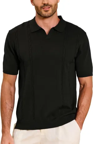 Kallspin Men's Cotton Knit Polo Shirt Short Sleeve Textured Ribbed Collar Stylish Summer Beach Casual Polo
