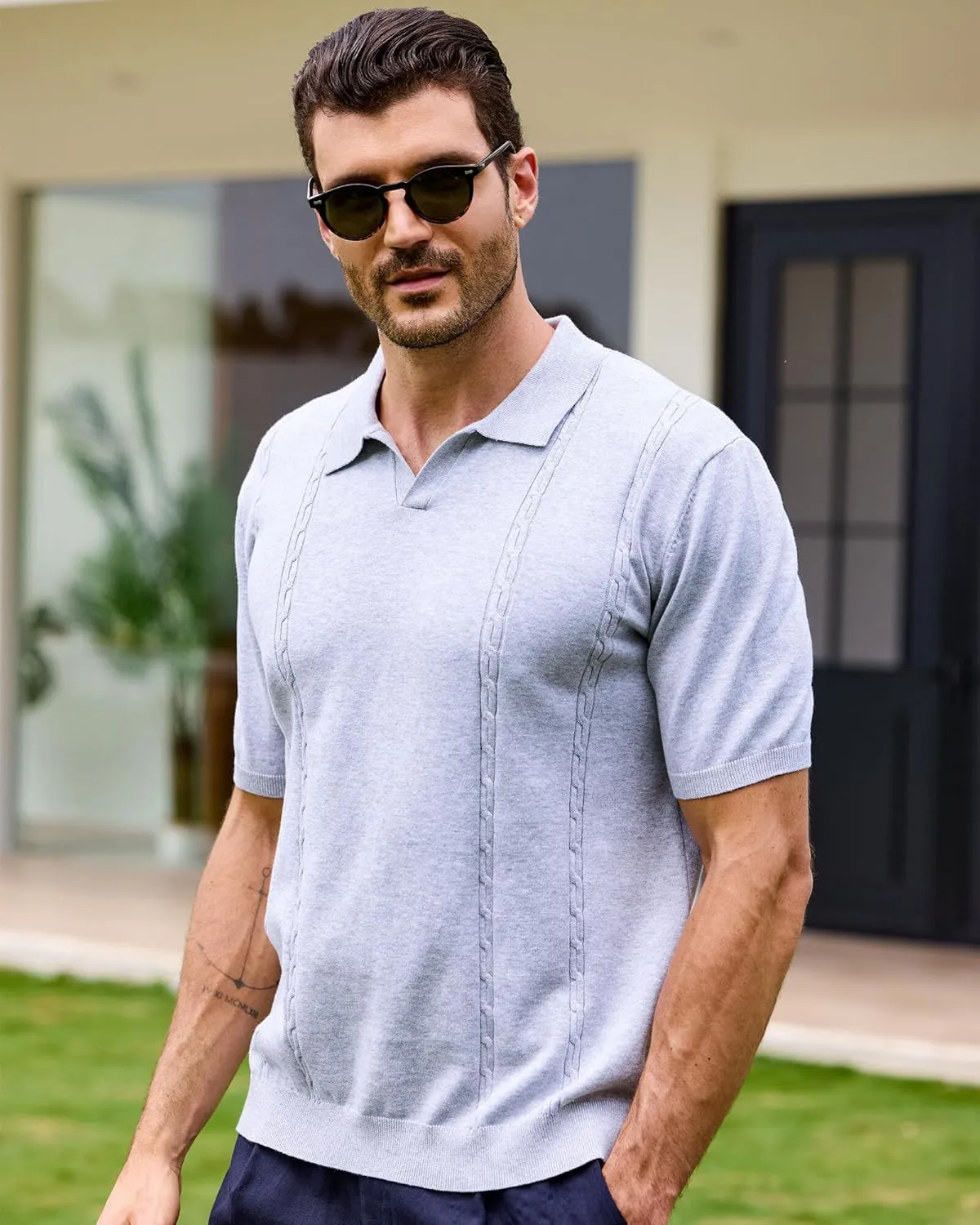 Kallspin Men's Cotton Knit Polo Shirt Short Sleeve Textured Ribbed Collar Stylish Summer Beach Casual Polo
