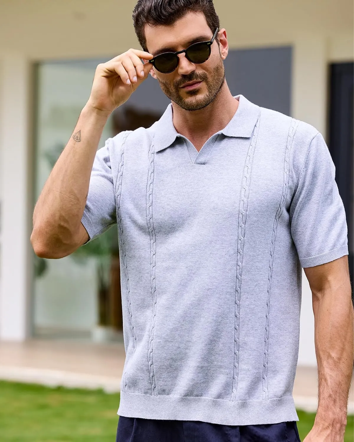 Kallspin Men's Cotton Knit Polo Shirt Short Sleeve Textured Ribbed Collar Stylish Summer Beach Casual Polo