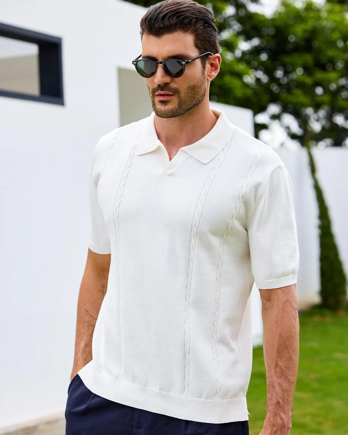 Kallspin Men's Cotton Knit Polo Shirt Short Sleeve Textured Ribbed Collar Stylish Summer Beach Casual Polo