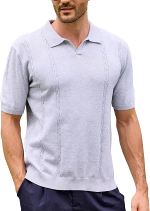 Kallspin Men's Cotton Knit Polo Shirt Short Sleeve Textured Ribbed Collar Stylish Summer Beach Casual Polo