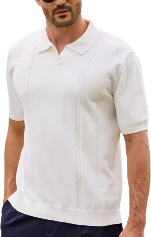 Kallspin Men's Cotton Knit Polo Shirt Short Sleeve Textured Ribbed Collar Stylish Summer Beach Casual Polo