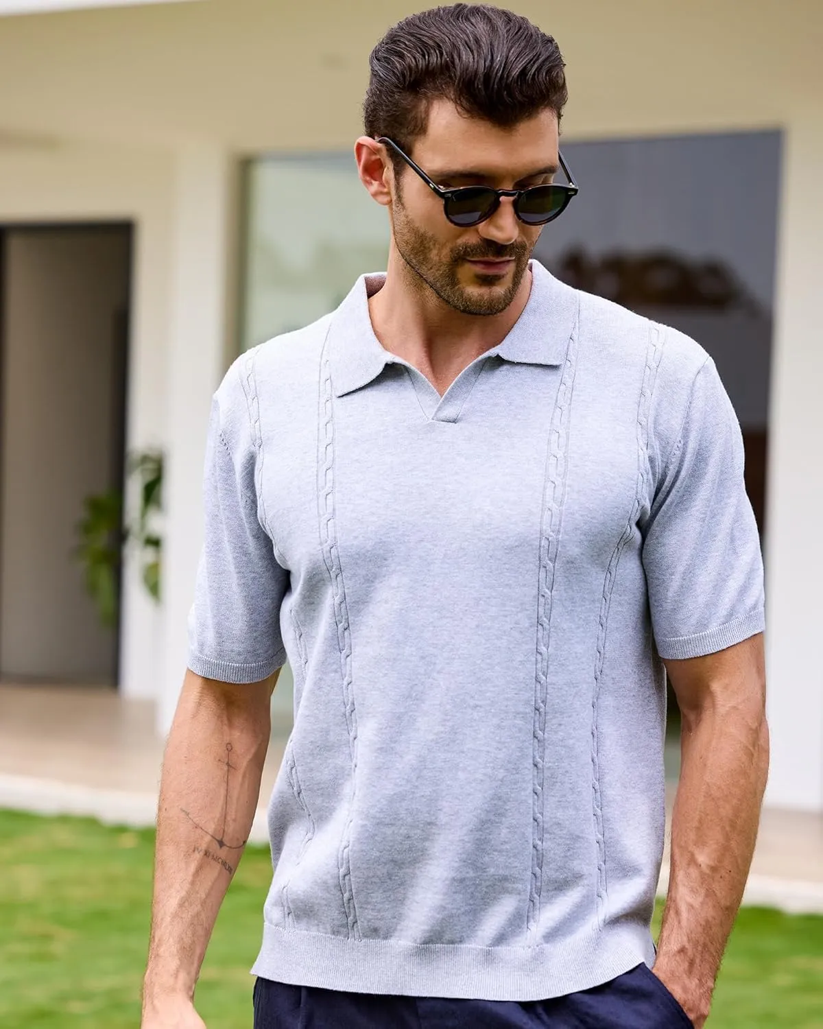 Kallspin Men's Cotton Knit Polo Shirt Short Sleeve Textured Ribbed Collar Stylish Summer Beach Casual Polo