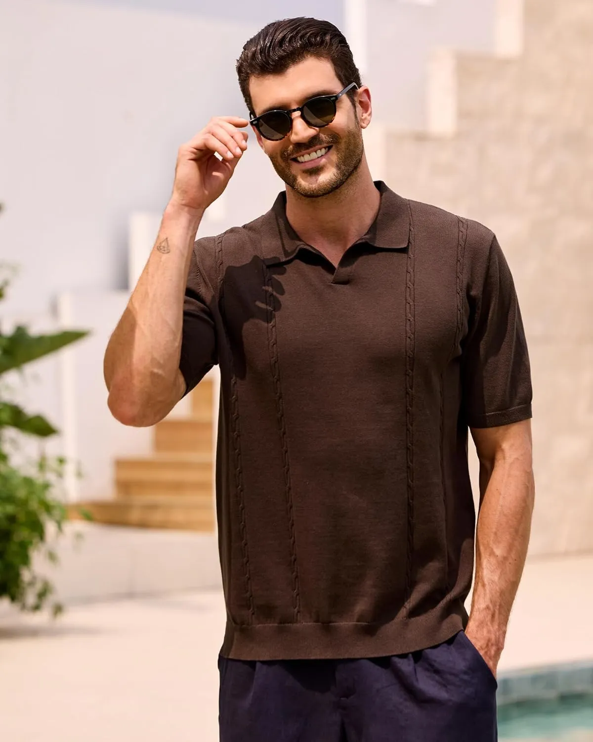 Kallspin Men's Cotton Knit Polo Shirt Short Sleeve Textured Ribbed Collar Stylish Summer Beach Casual Polo