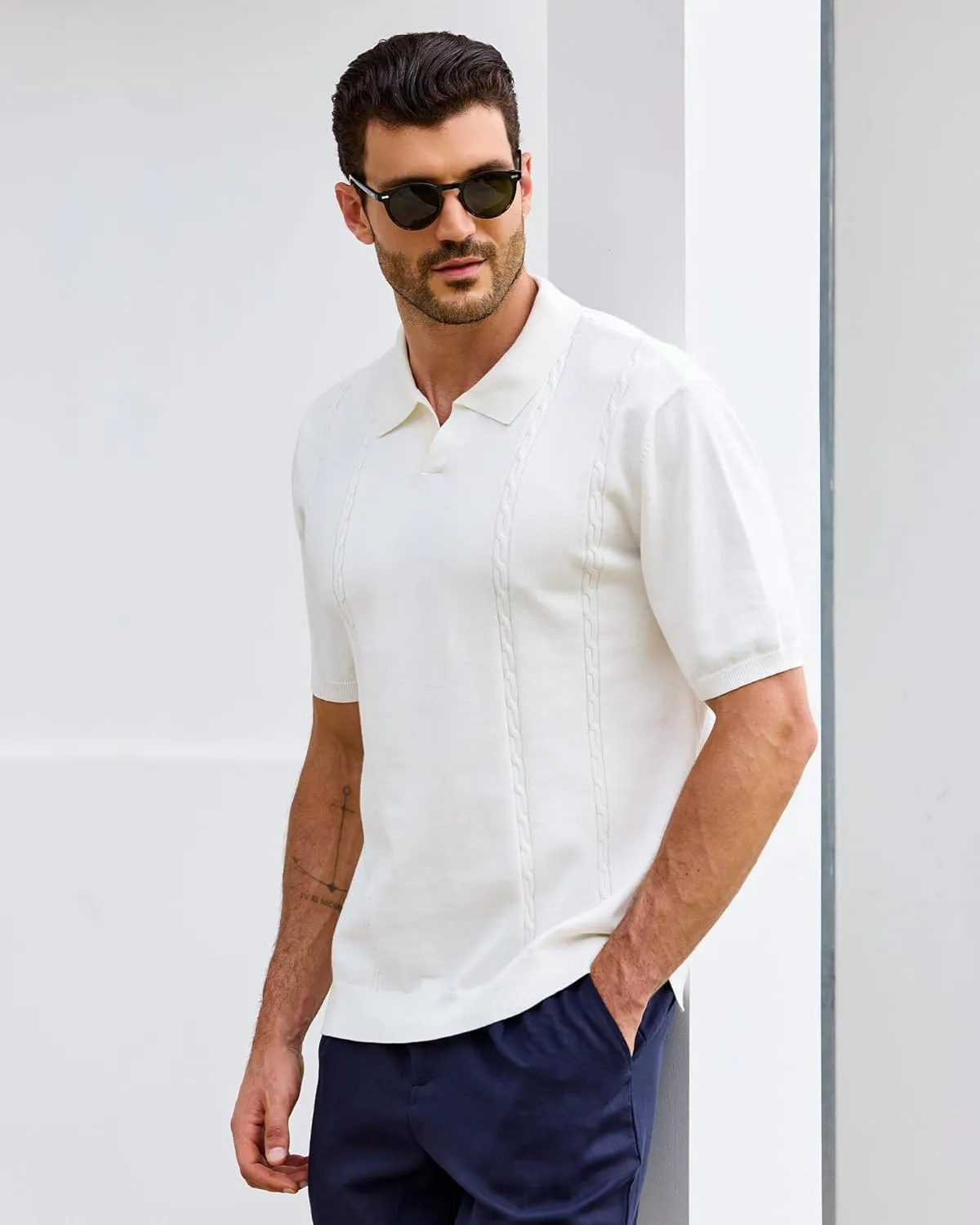 Kallspin Men's Cotton Knit Polo Shirt Short Sleeve Textured Ribbed Collar Stylish Summer Beach Casual Polo