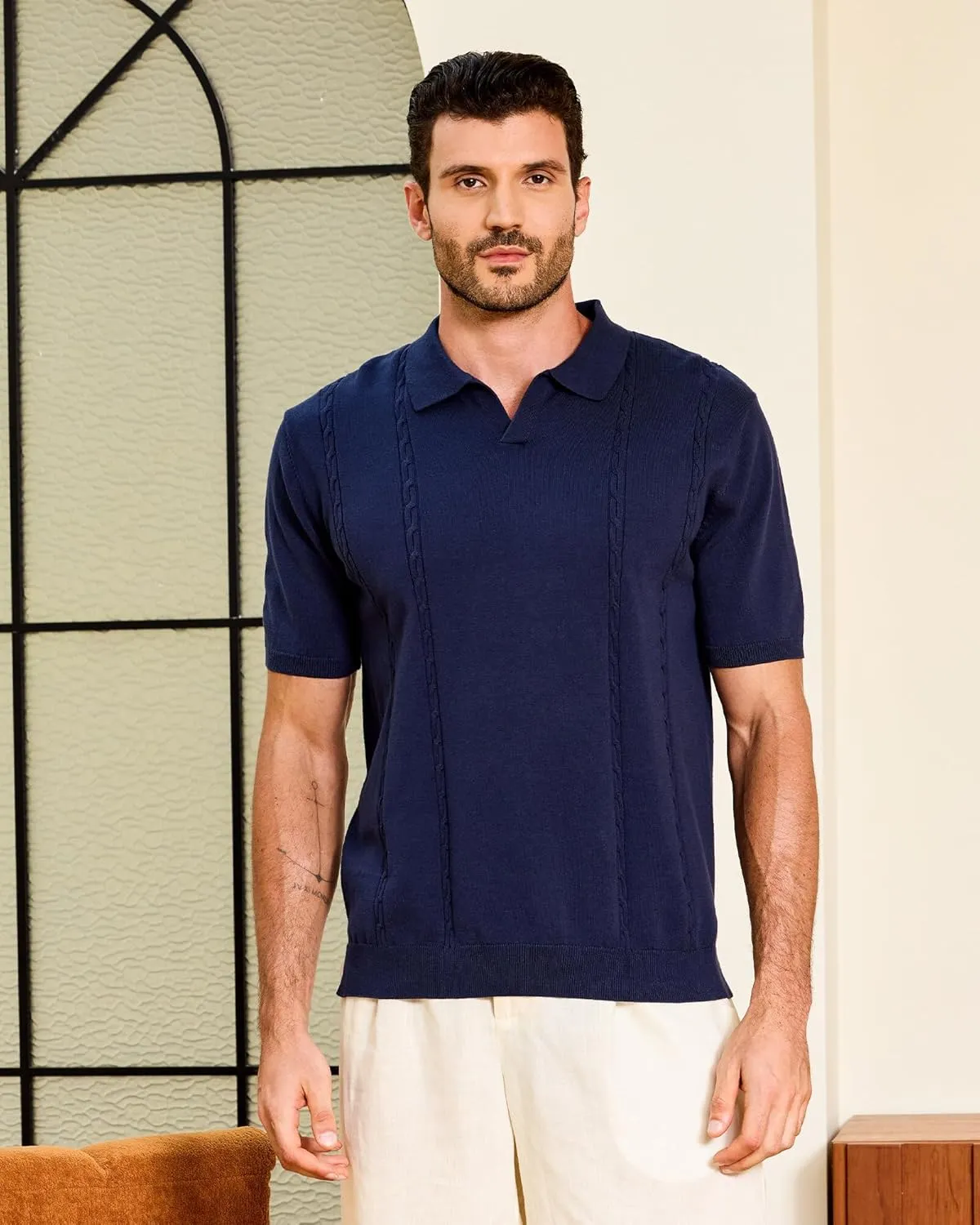 Kallspin Men's Cotton Knit Polo Shirt Short Sleeve Textured Ribbed Collar Stylish Summer Beach Casual Polo