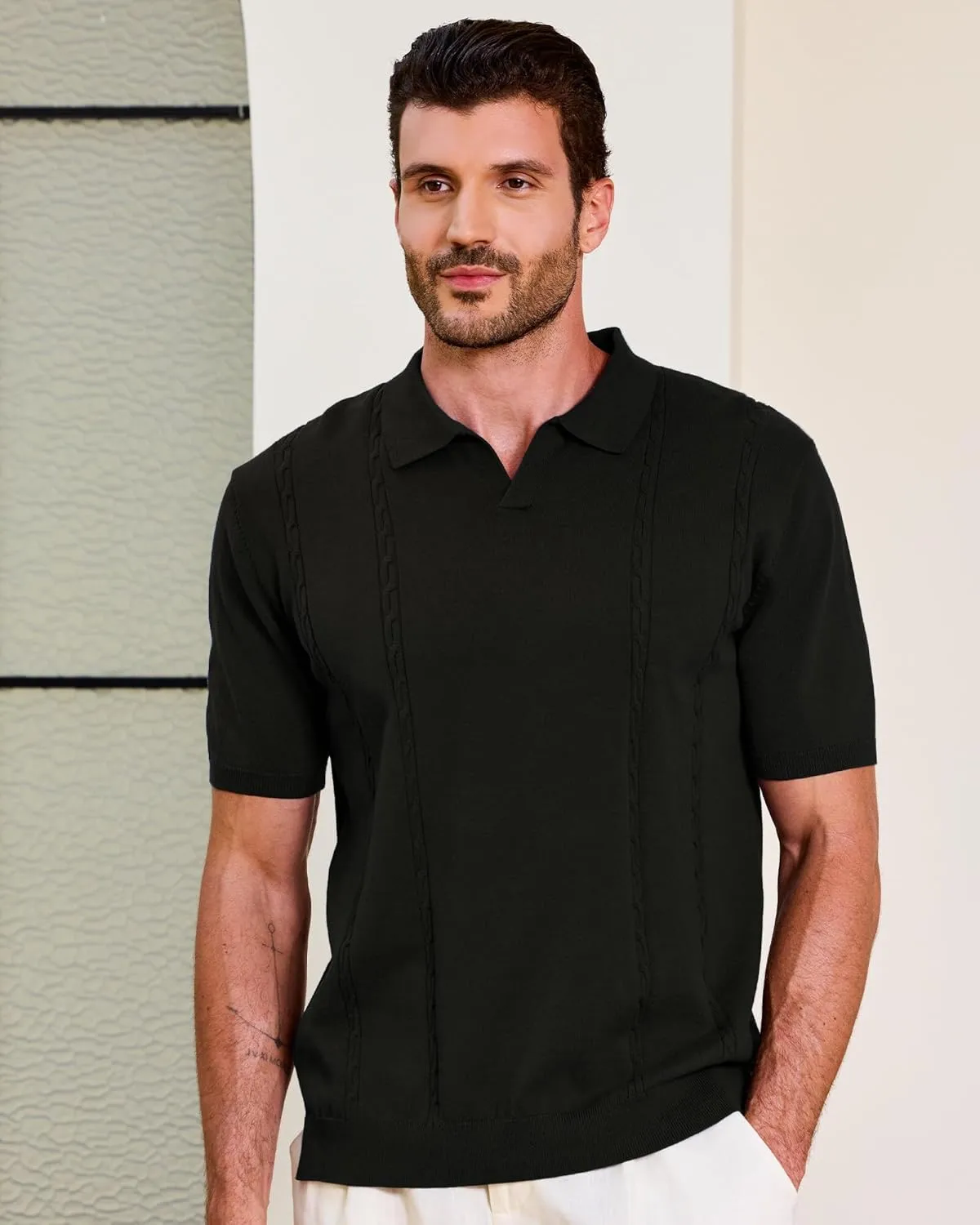 Kallspin Men's Cotton Knit Polo Shirt Short Sleeve Textured Ribbed Collar Stylish Summer Beach Casual Polo