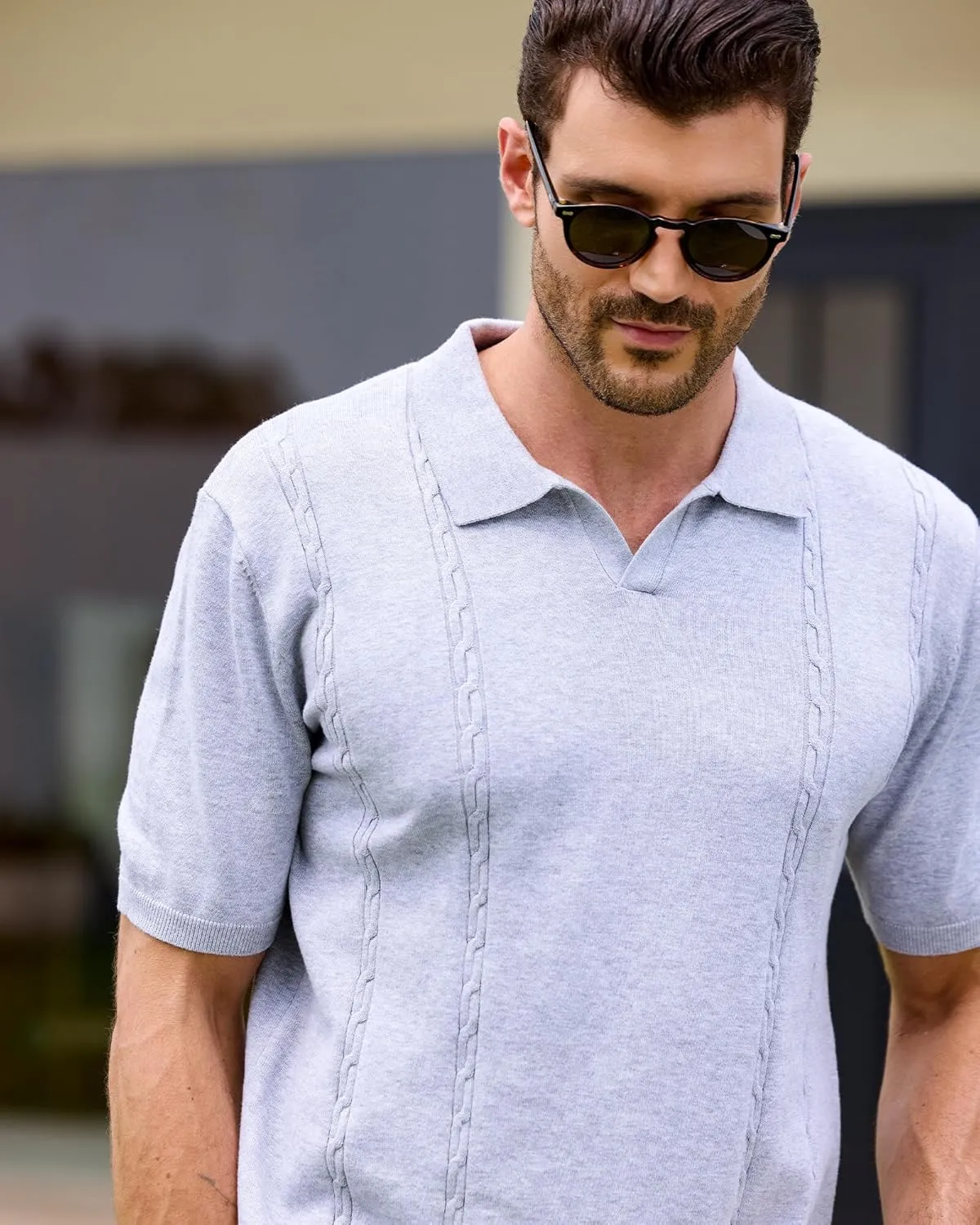 Kallspin Men's Cotton Knit Polo Shirt Short Sleeve Textured Ribbed Collar Stylish Summer Beach Casual Polo